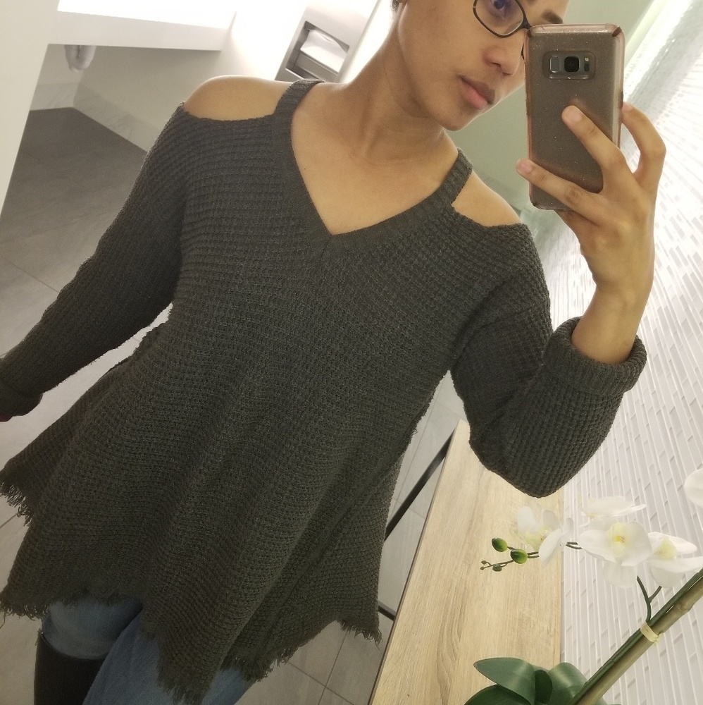Waffle Knit Cold Shoulder Sweater - Picture 1 of 5